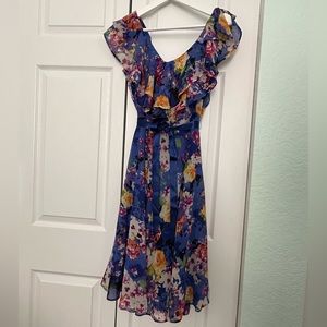 Blue Floral Ruffle Tie Dress